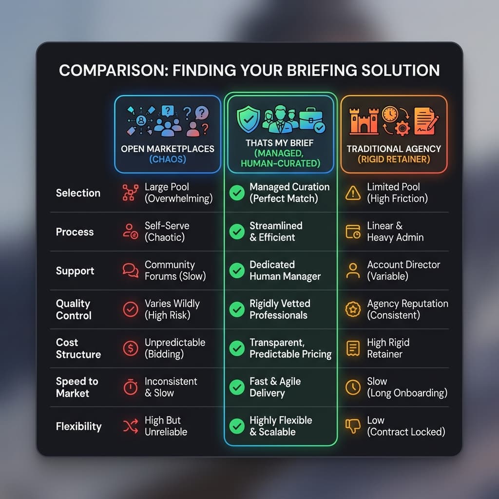 Sourcing Solutions Comparison: Open Marketplaces vs That's My Brief vs Traditional Agencies